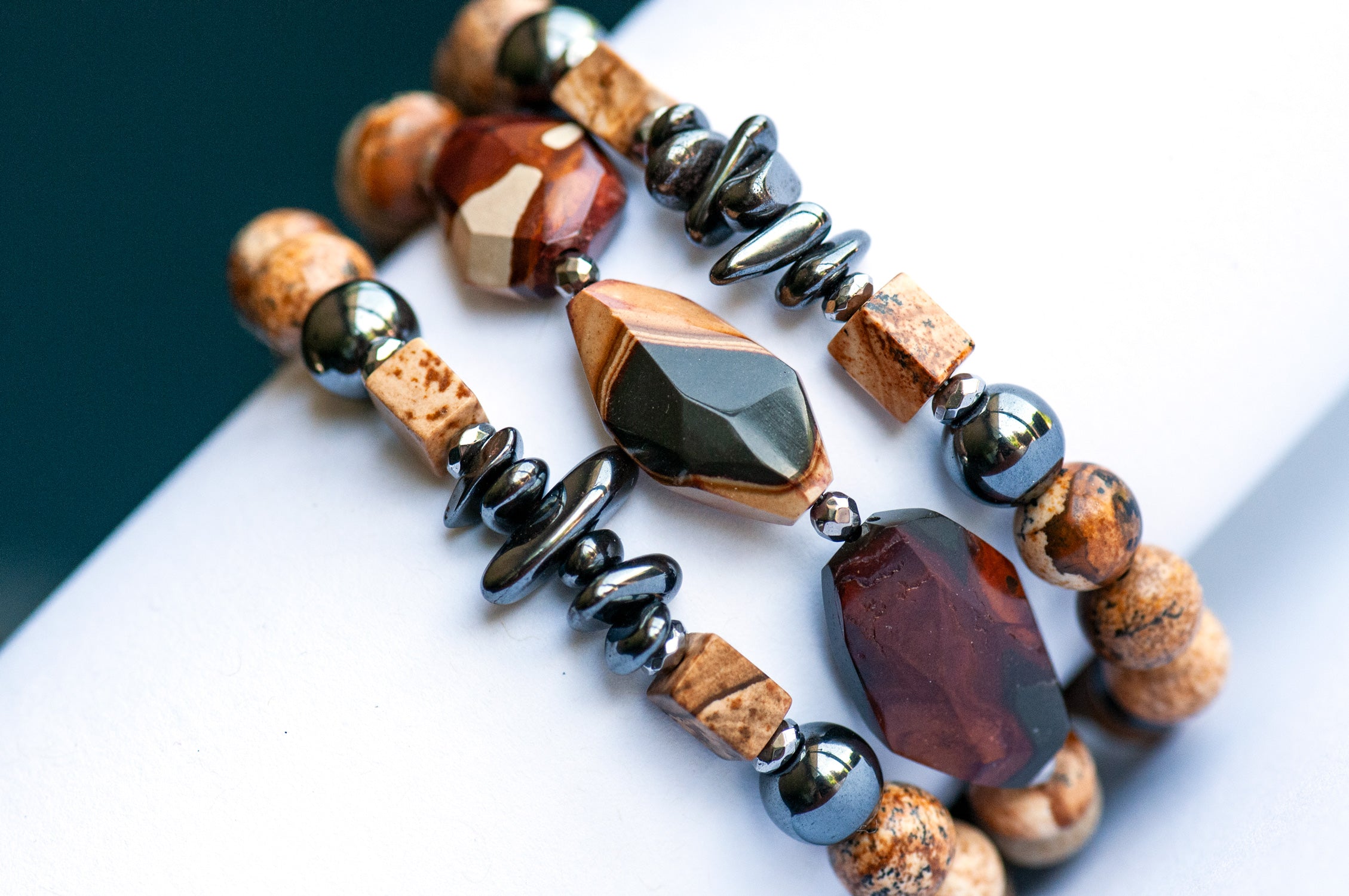 Wonderstone, Hematite, Picture Jasper, and Yooperlite bracelet set handmade in Canada