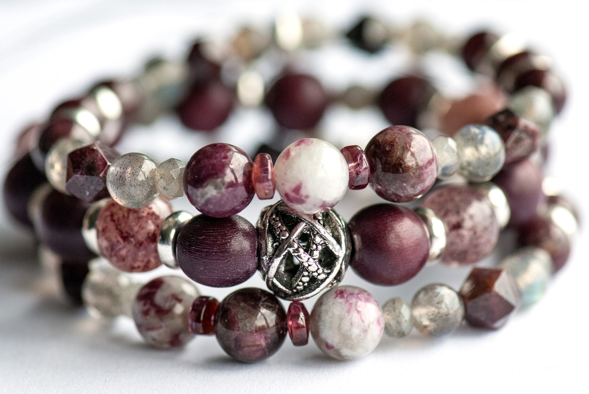 Handmade stacking bracelets with Garnet and Labradorite