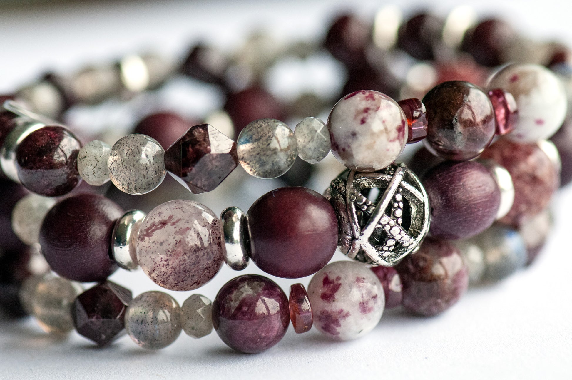 Bracelet stack with labradorite and garnet handmade in Canada