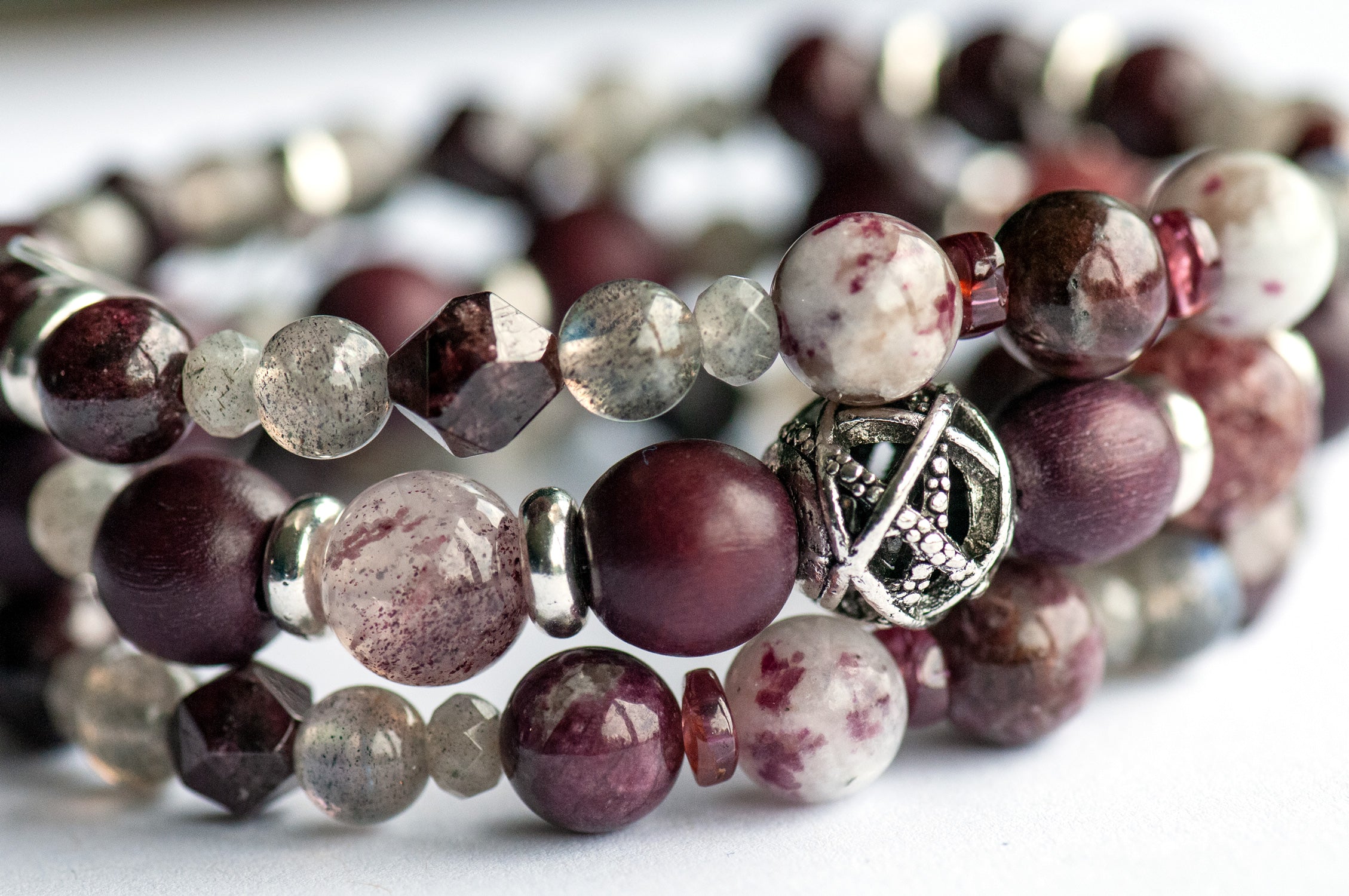 Bracelet stack with labradorite and garnet handmade in Canada