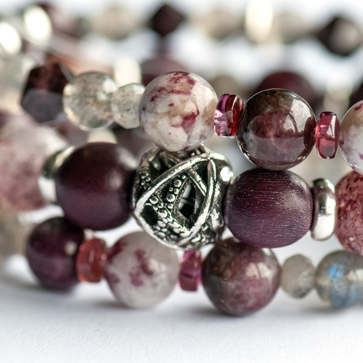 Garnet, plum tourmaline, and labradorite bracelet set