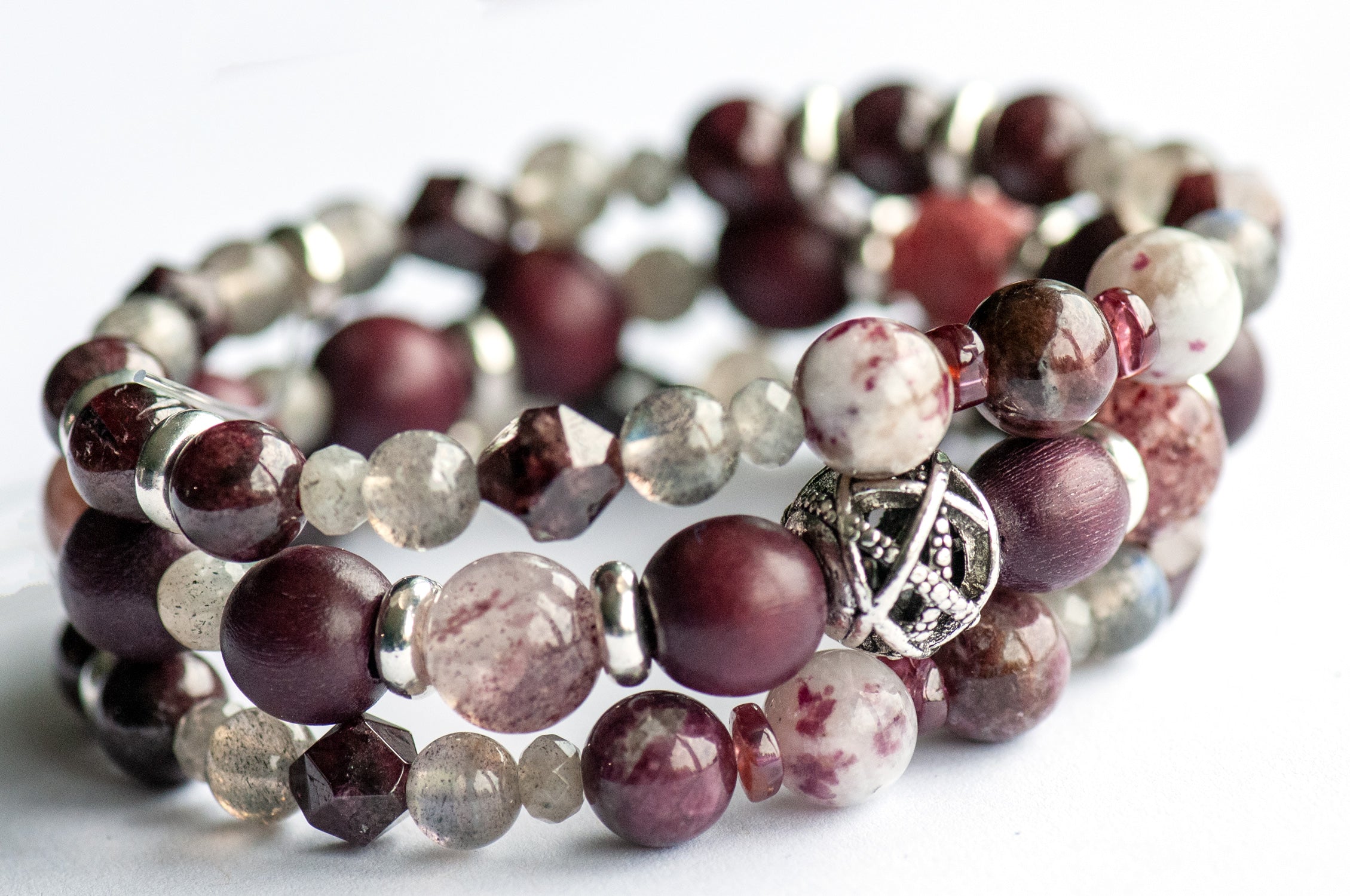 Stacking bracelet set with labradorite and garnet gemstones