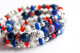 Vibrant Nautical Lynx bracelet set featuring red, white, and blue glass Chevron beads, cobalt blue recycled glass, AA-Grade Sodalite, Howlite rounds, and Tibetan silver spacers