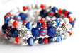 Vibrant Nautical Lynx bracelet set featuring red, white, and blue glass Chevron beads, cobalt blue recycled glass, AA-Grade Sodalite, Howlite rounds, and Tibetan silver spacers