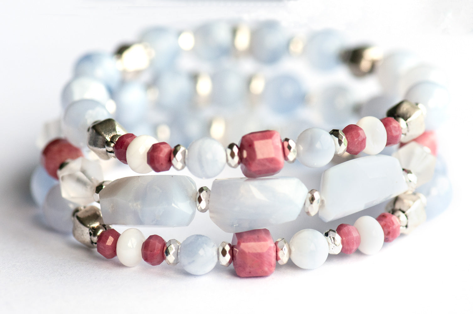 Fierce Understanding bracelet set featuring Blue Lace Agate, Rhodonite, Mother of Pearl, and silver-plated Hematite beads with Tibetan metal spacers, part of the Fierce Friendship Collection