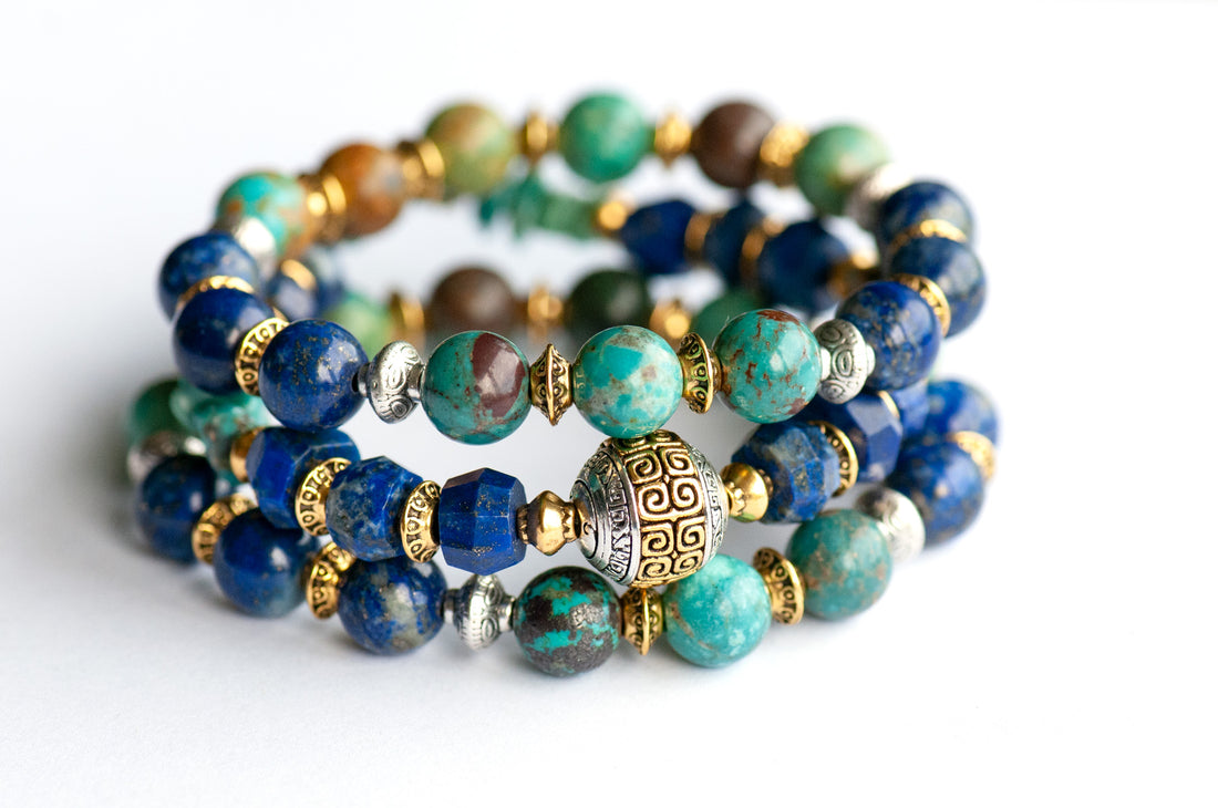 Fierce Harmony bracelet set featuring natural Lapis Lazuli rondelles, Hubei Turquoise chips, and Tibetan metal focal bead in antique silver and gold, with silver and gold spacers