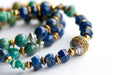 Fierce Harmony bracelet set featuring natural Lapis Lazuli rondelles, Hubei Turquoise chips, and Tibetan metal focal bead in antique silver and gold, with silver and gold spacers