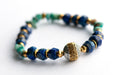 Fierce Harmony bracelet set featuring natural Lapis Lazuli rondelles, Hubei Turquoise chips, and Tibetan metal focal bead in antique silver and gold, with silver and gold spacers