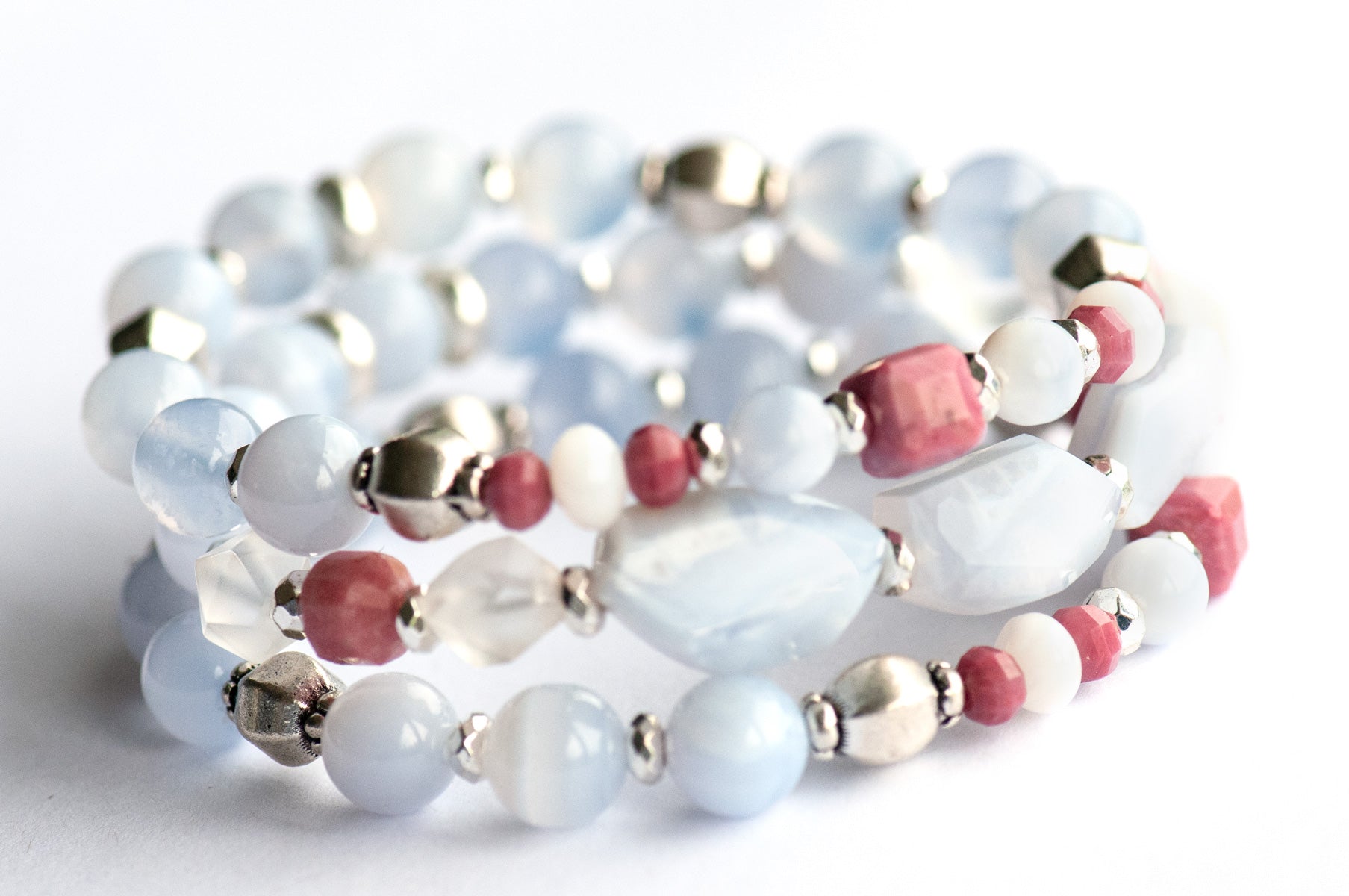 Fierce Understanding bracelet set featuring Blue Lace Agate, Rhodonite, Mother of Pearl, and silver-plated Hematite beads with Tibetan metal spacers, part of the Fierce Friendship Collection