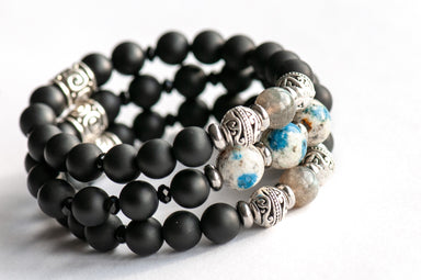 Fierce Fortitude bracelet set featuring K2 Stone, Labradorite, Black Agate, and Onyx