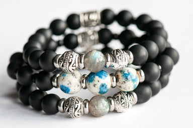 Fierce Fortitude bracelet set featuring K2 Stone, Labradorite, Black Agate, and Onyx