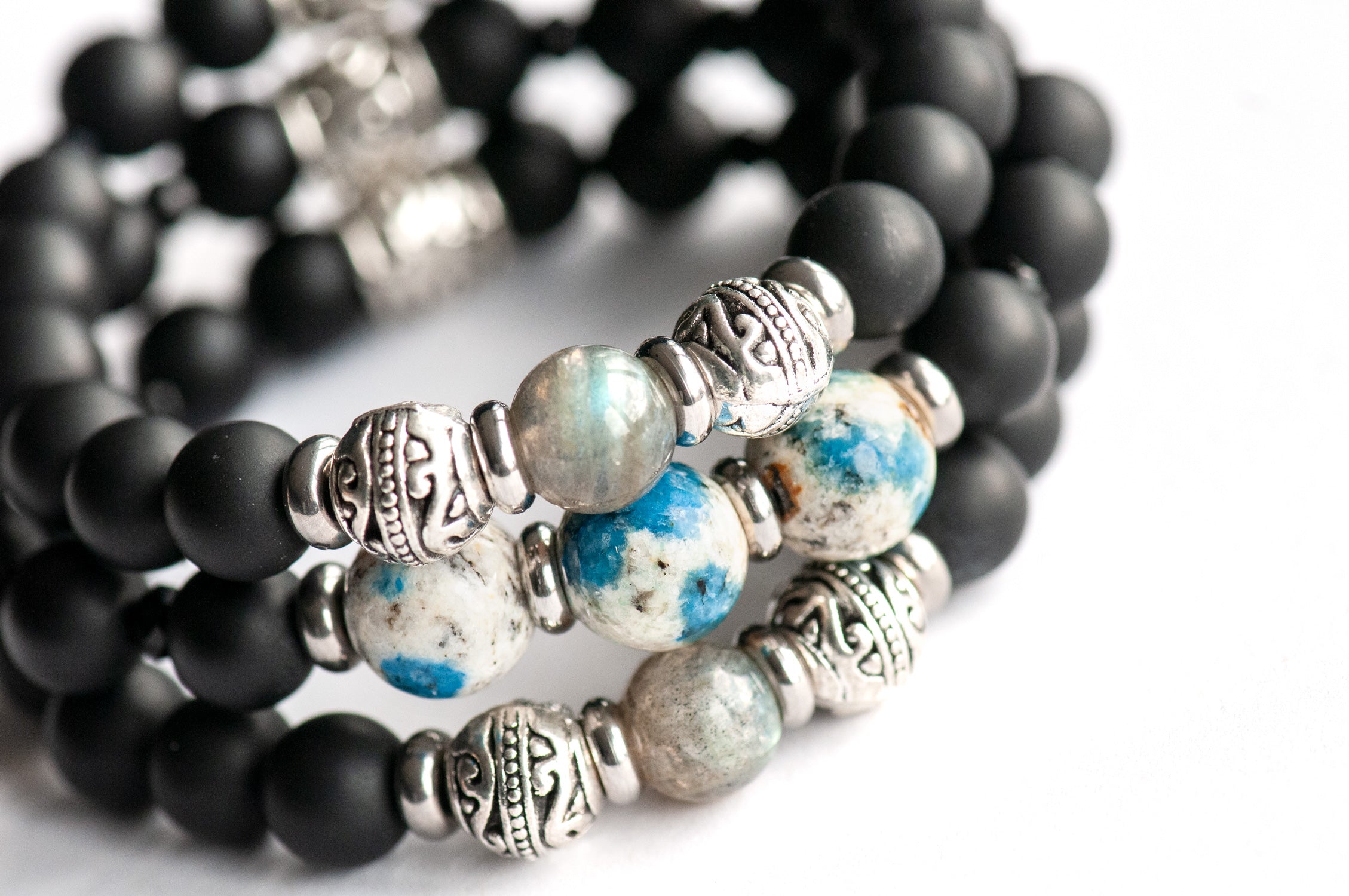 Close-up of K2 Stone beads in the Fierce Fortitude focal bracelet.