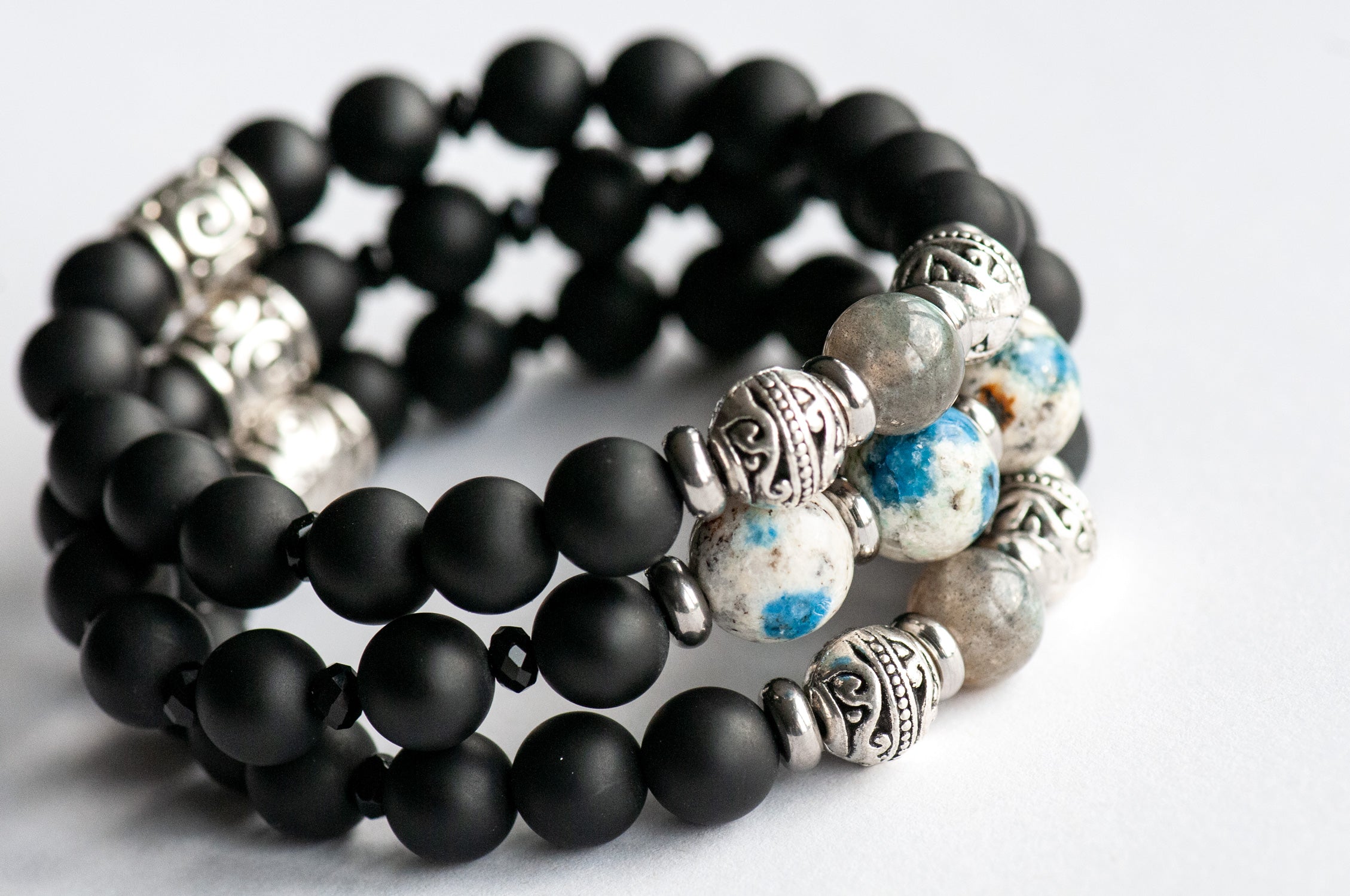 Close-up of K2 Stone beads in the Fierce Fortitude focal bracelet.