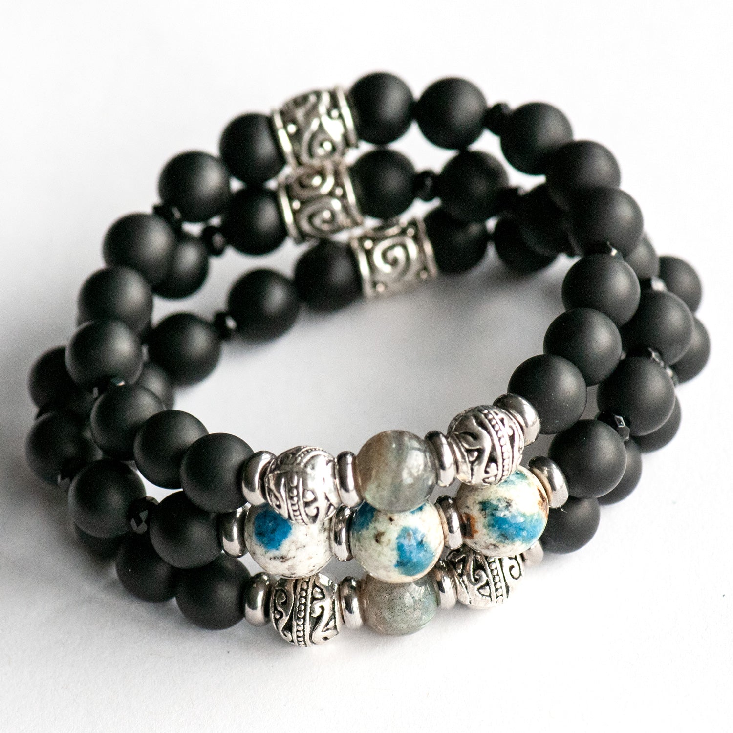 Fierce Fortitude bracelet set featuring K2 Stone, Labradorite, Black Agate, and Onyx.