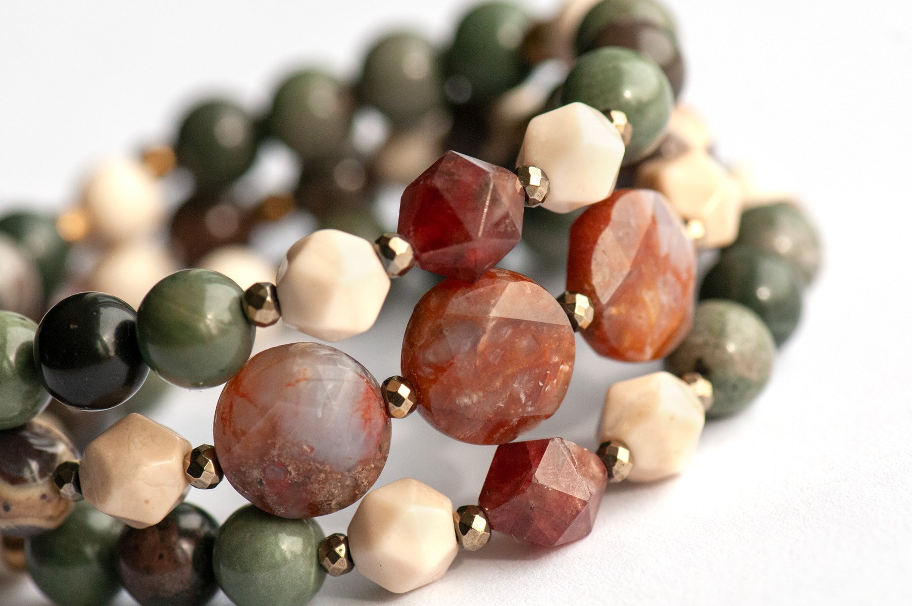 Close-up of Fierce Harvest bracelet with Flower Agate and Fossil Coral beads
