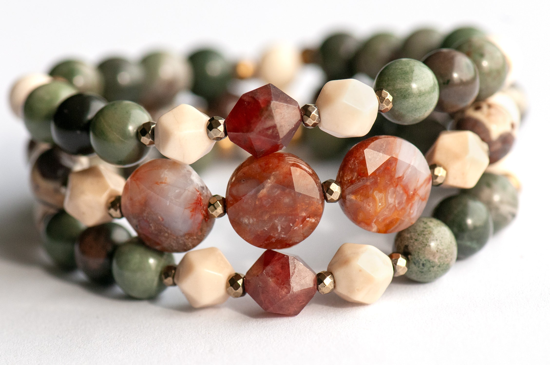 Autumn-themed bracelet set featuring Forest Jasper and Garnet with antique gold spacers
