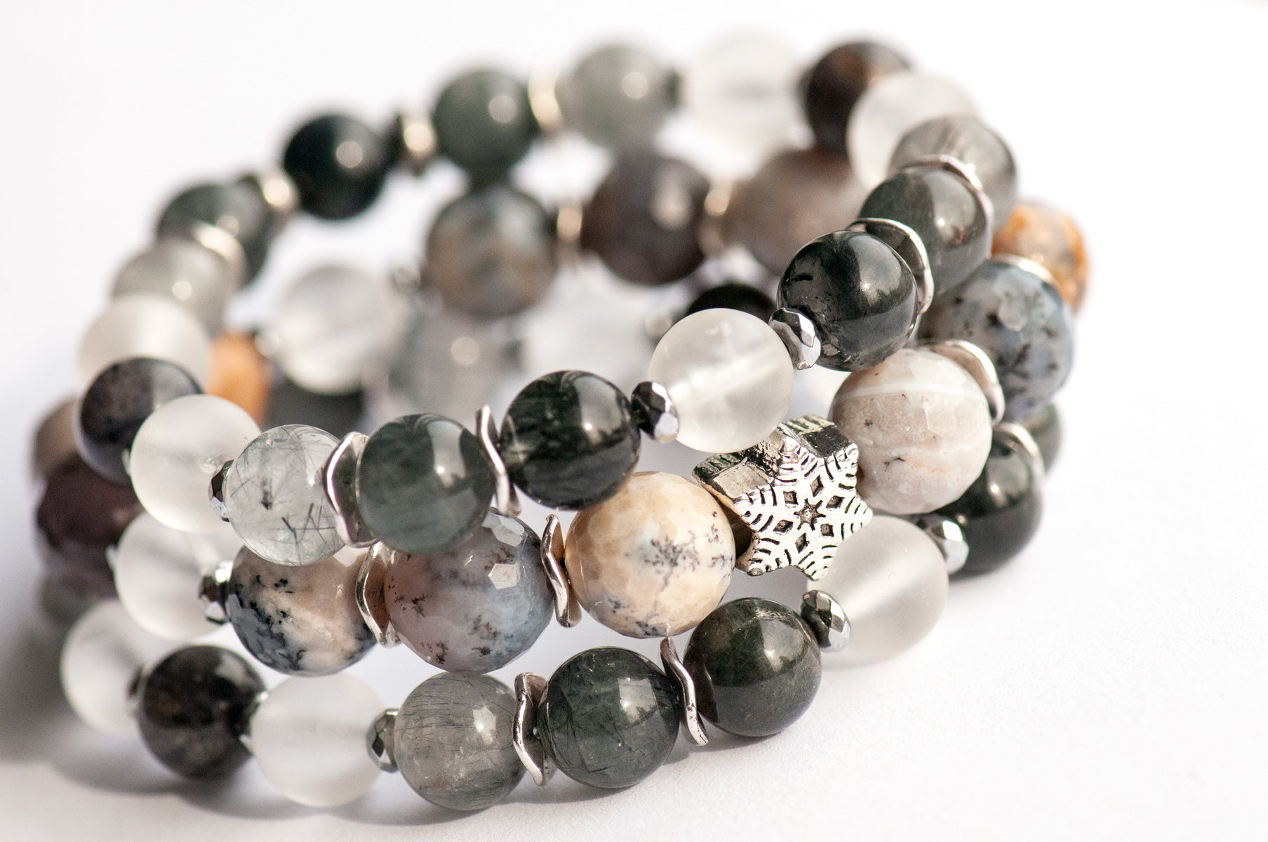 Frosted Lynx gemstone bracelet set with Sage Agate and silver snowflake bead