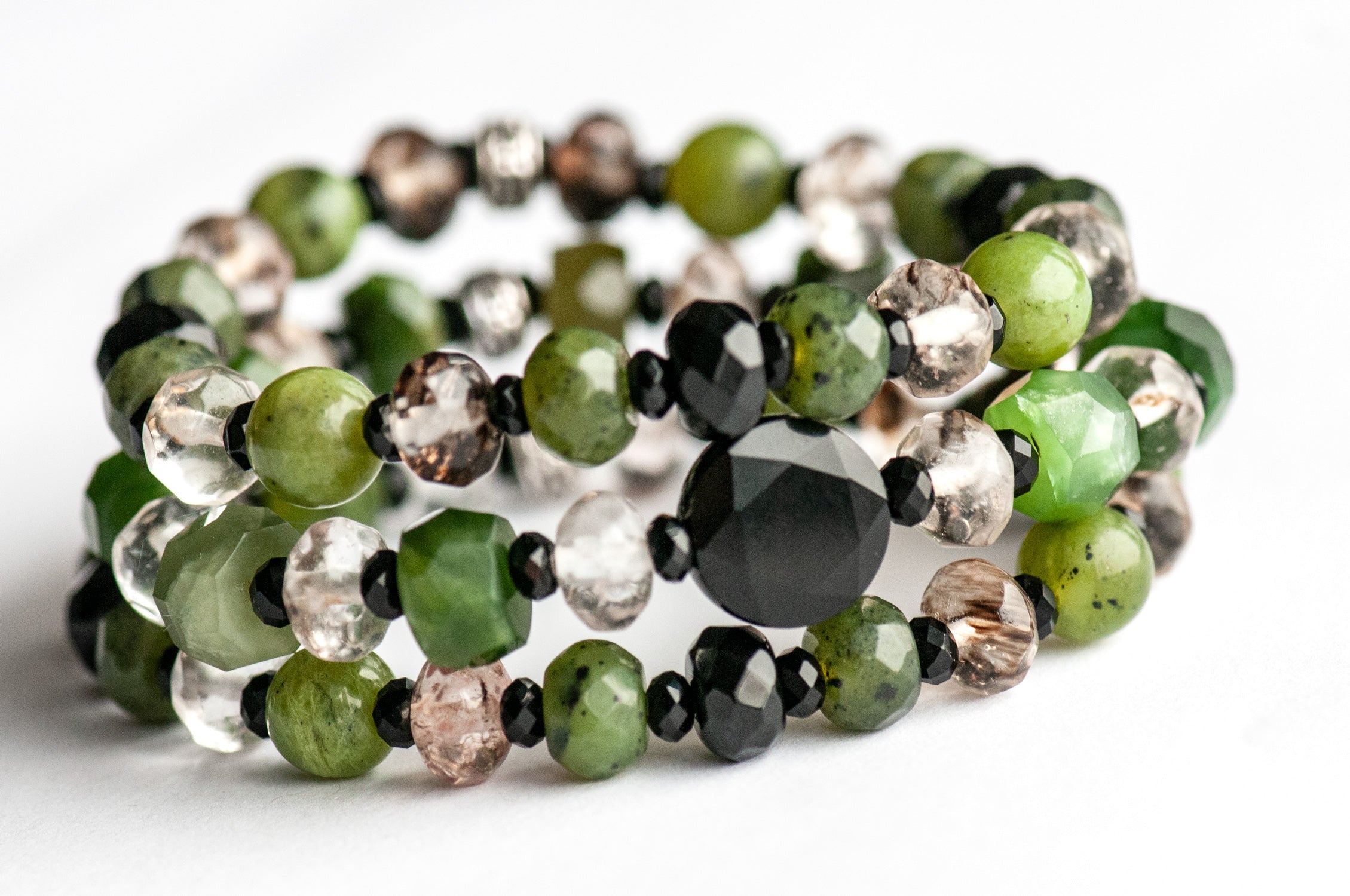 Fierce Loyalty bracelet set featuring Black Onyx star-cut coin and Canadian Jade beads.