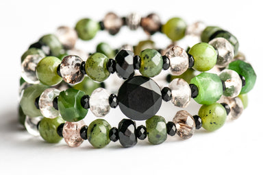 Fierce Loyalty bracelet set featuring Black Onyx star-cut coin and Canadian Jade beads.