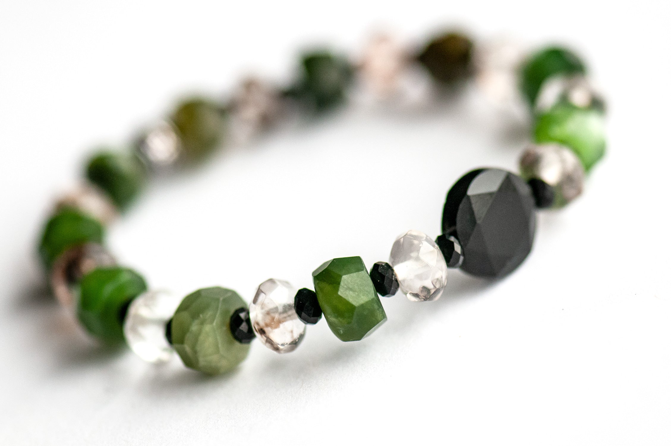 Close-up of Canadian Jade and Black Onyx beads in the Fierce Loyalty bracelet set.