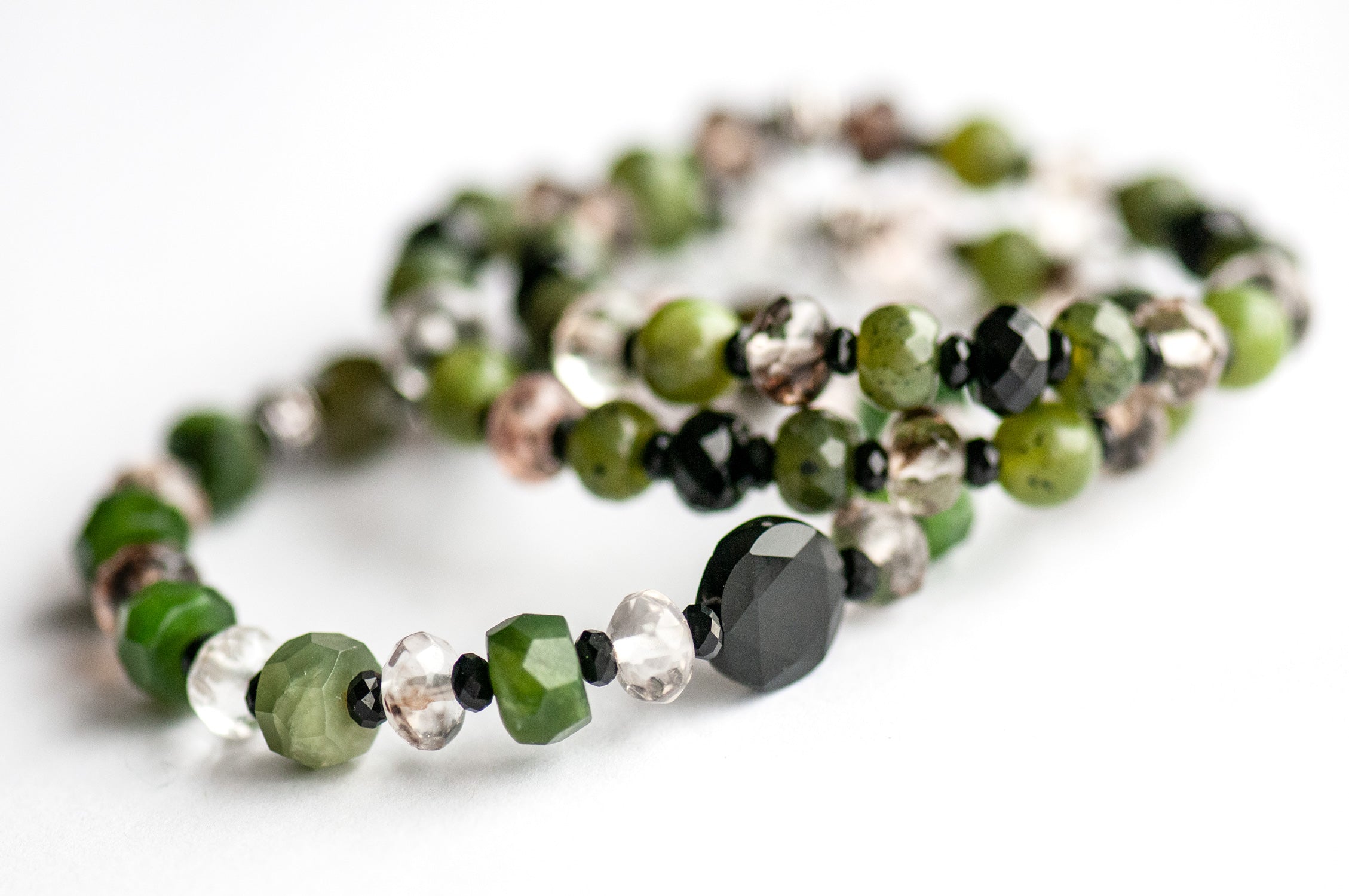 Close-up of Canadian Jade and Black Onyx beads in the Fierce Loyalty bracelet set.