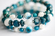 Close-up of Apatite chips and Rainbow Moonstone focal bead in the Fierce Expression bracelet.