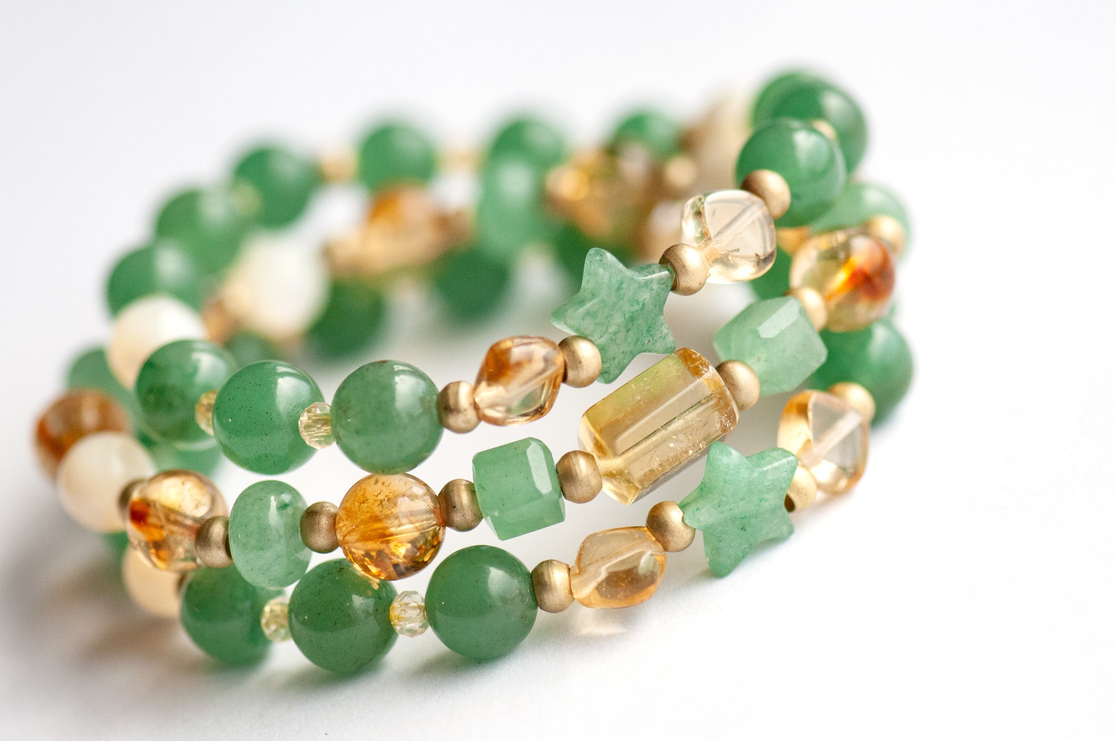 Fierce Joy bracelet set with Citrine hexagonal focal bead and Green Aventurine cubes.