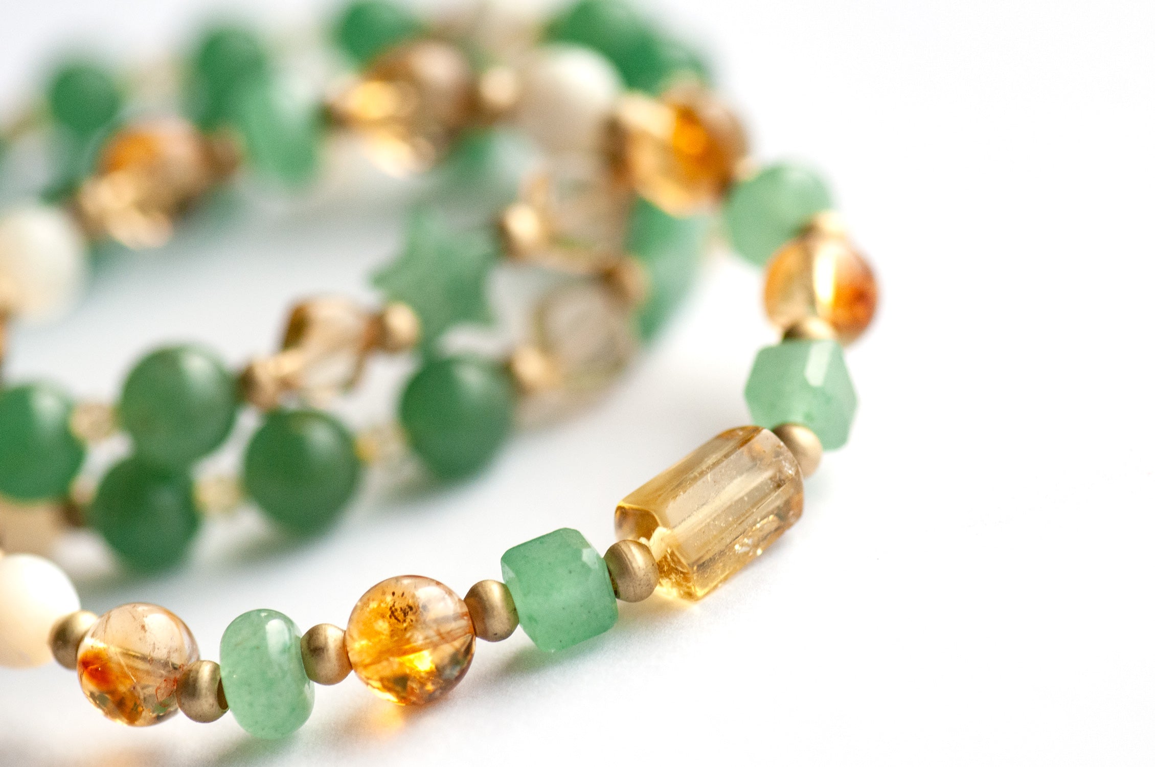 Close-up of Citrine and Green Aventurine beads in the Fierce Joy bracelet set.