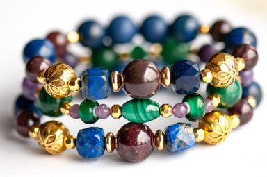 Festive Lynx bracelet set featuring Malachite focal bead with Lepidolite and Mica rounds.