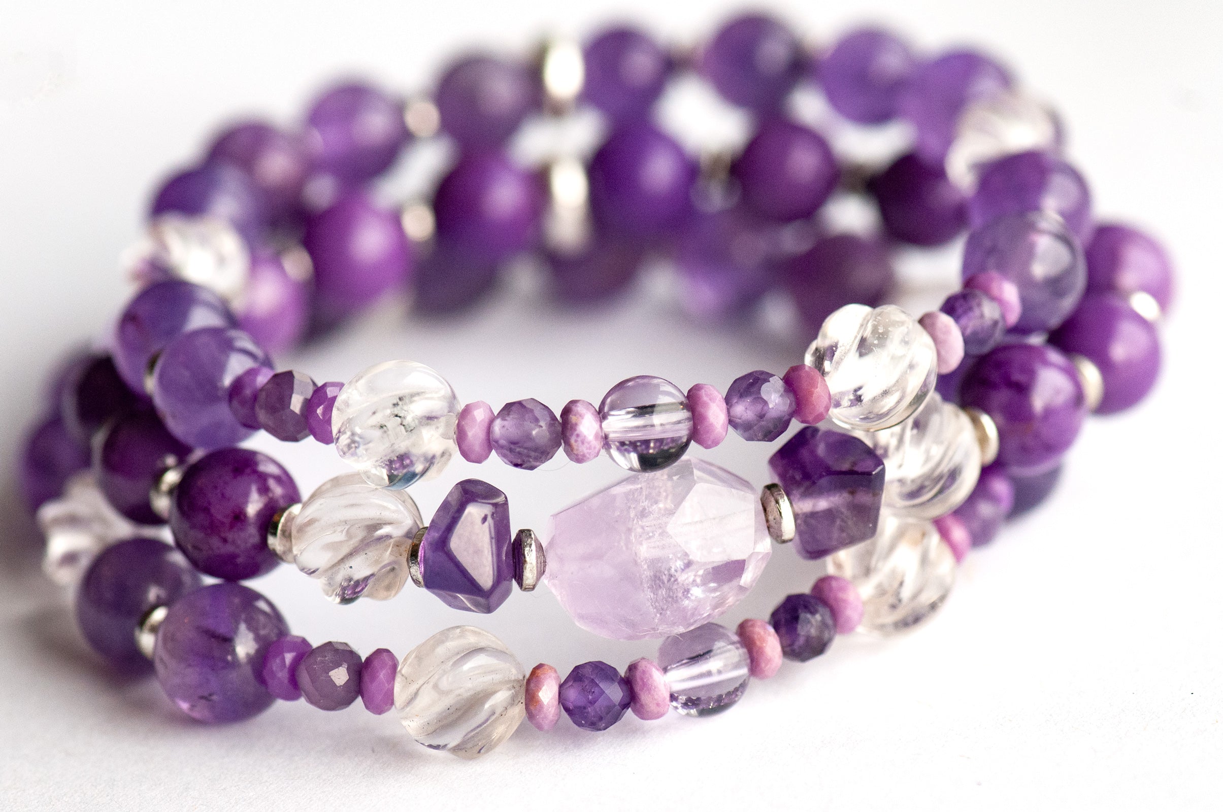 Fierce Patience bracelet set with Lavender Amethyst focal bead and Phosphosiderite rounds