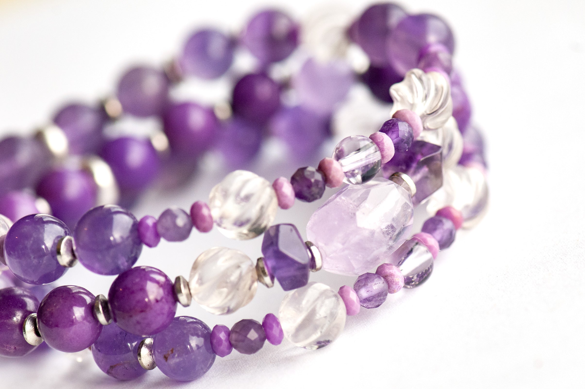 Fierce Patience bracelet set with Lavender Amethyst focal bead and Phosphosiderite rounds