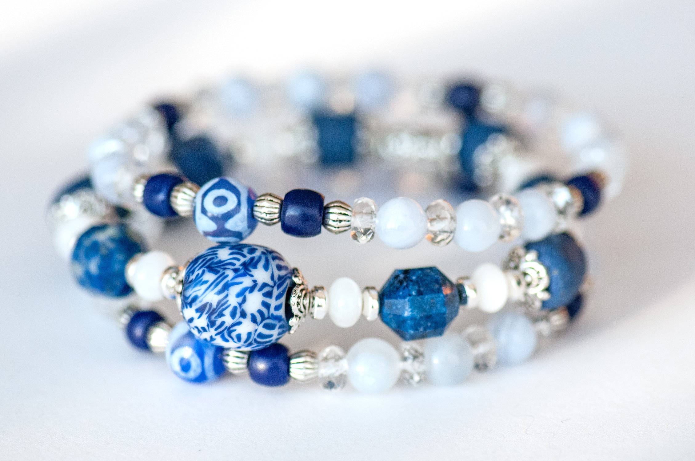 Winter Sky bracelet set with Lapis Lazuli and fused glass bead focal