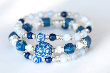 Winter Sky bracelet set with Lapis Lazuli and fused glass bead focal