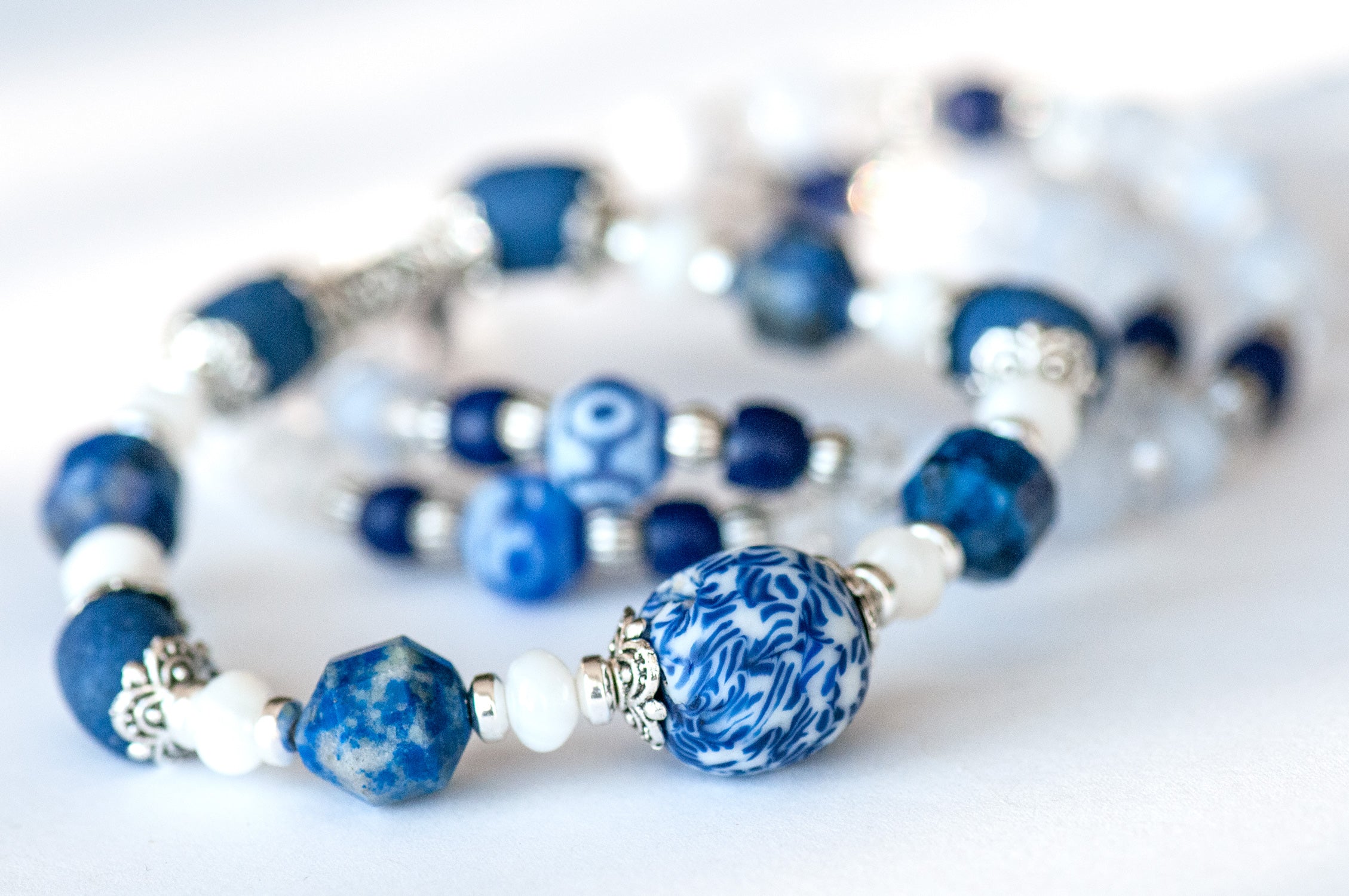 "Winter Sky bracelet set with Lapis Lazuli and fused glass bead focal."
