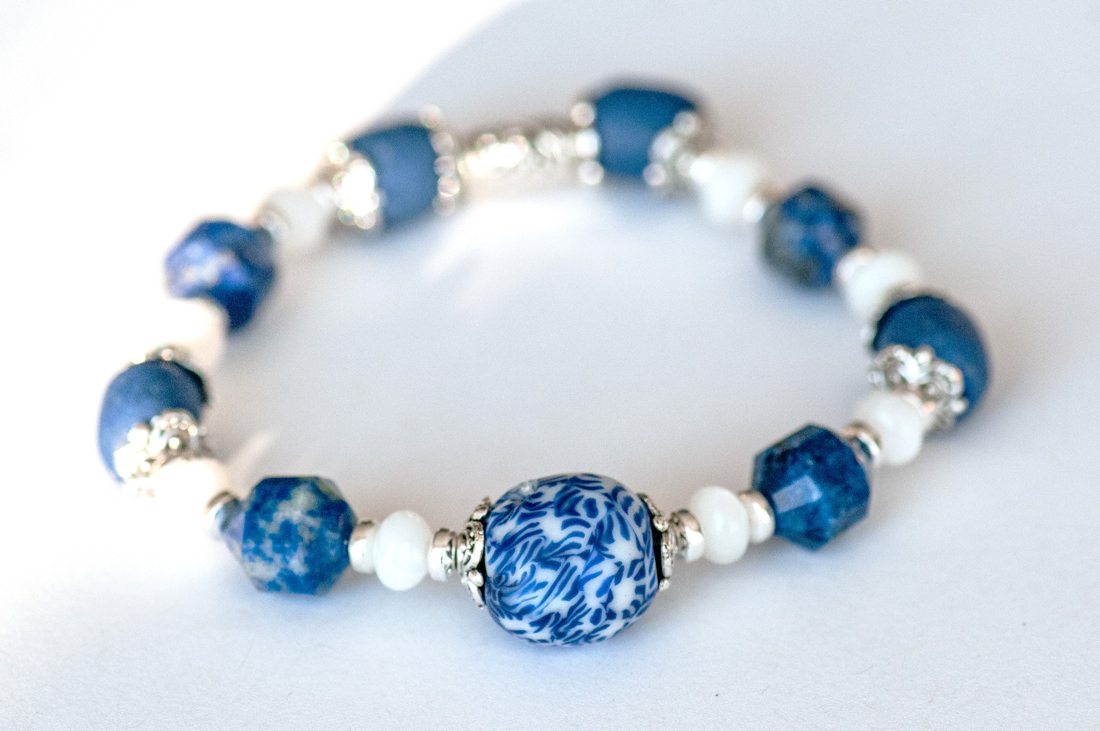 "Winter Sky bracelet set with Lapis Lazuli and fused glass bead focal."
