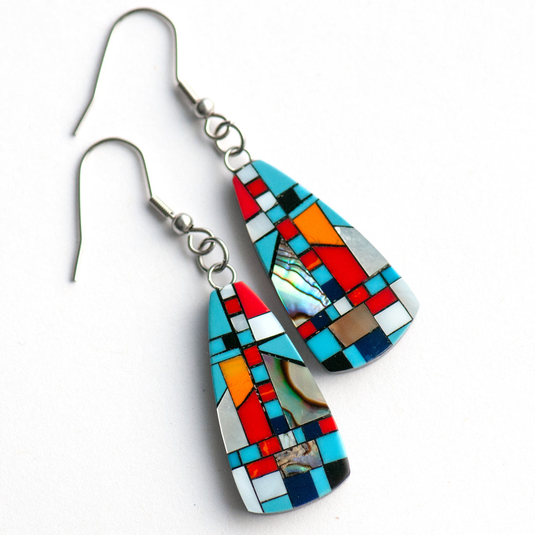 Turquoise & Shell Mosaic Drop Earrings featuring turquoise, coral, Mother of Pearl, and shimmering abalone in a black resin oblong design
