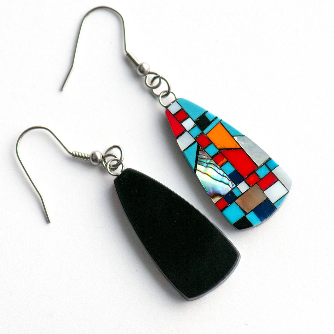 Turquoise & Shell Mosaic Drop Earrings featuring turquoise, coral, Mother of Pearl, and shimmering abalone in a black resin oblong design