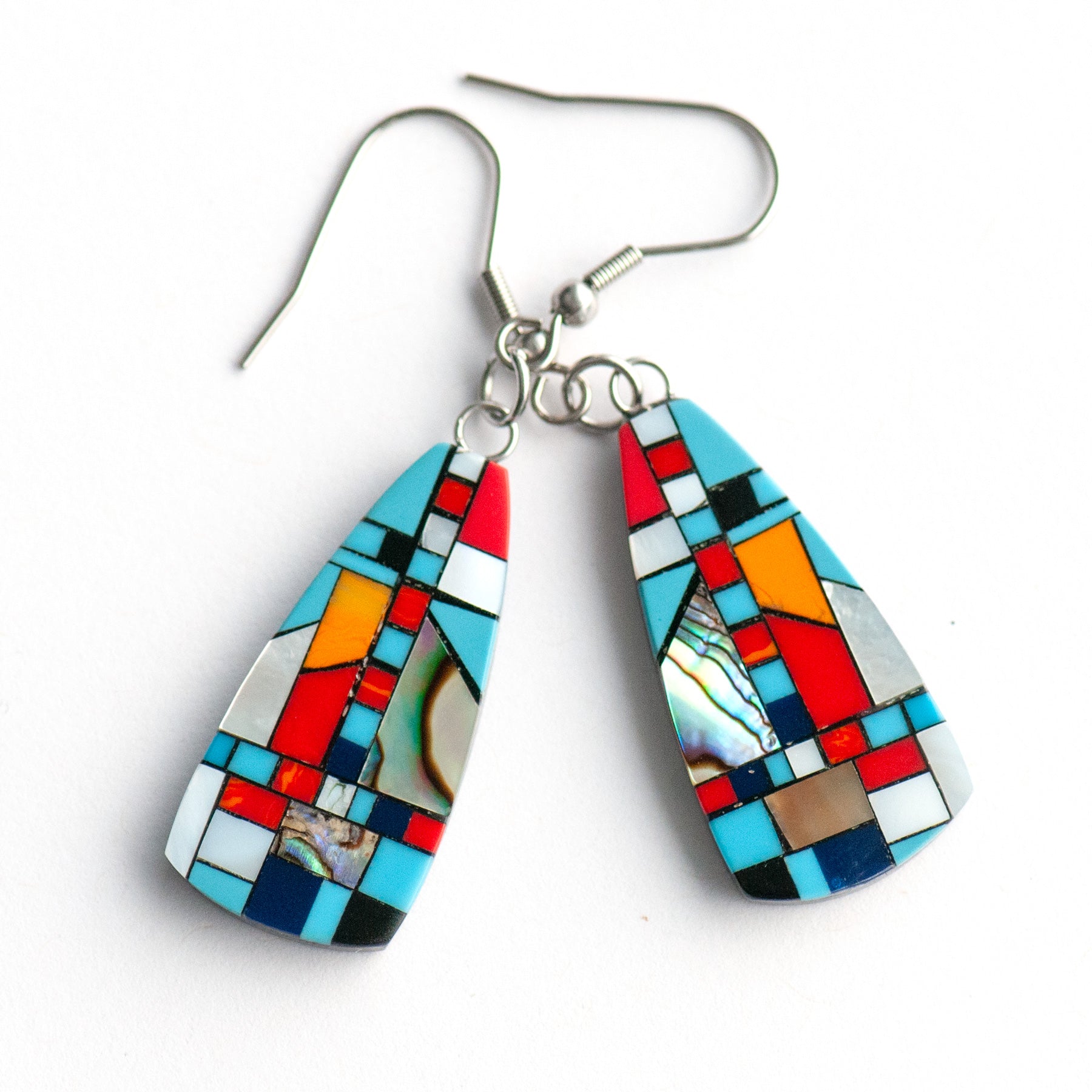Turquoise & Shell Mosaic Drop Earrings featuring turquoise, coral, Mother of Pearl, and shimmering abalone in a black resin oblong design