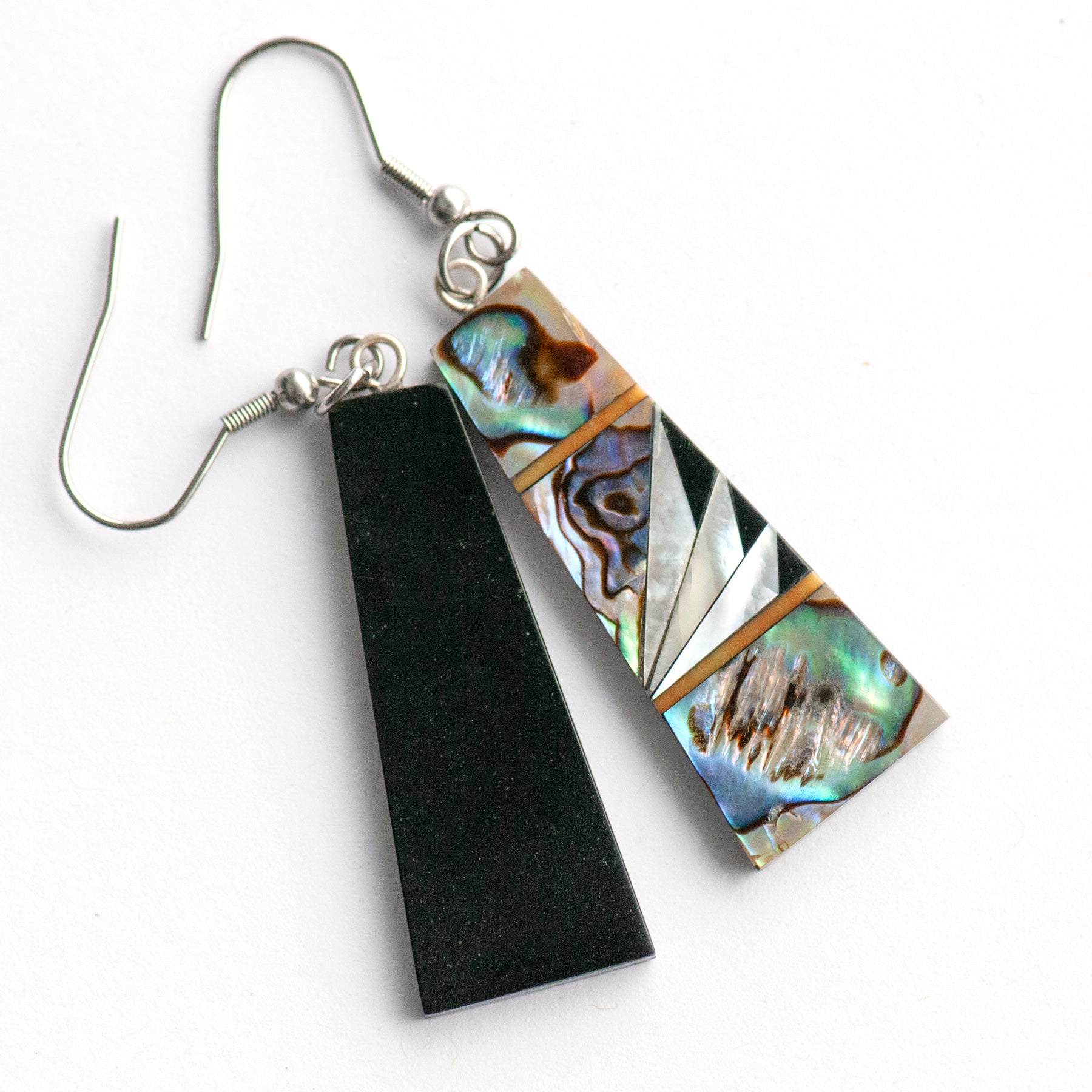 Abalone & Mother of Pearl Drop Earrings with shimmering silver, blue, and green abalone, creamy Mother of Pearl, and orange coral inlays on a black resin back.