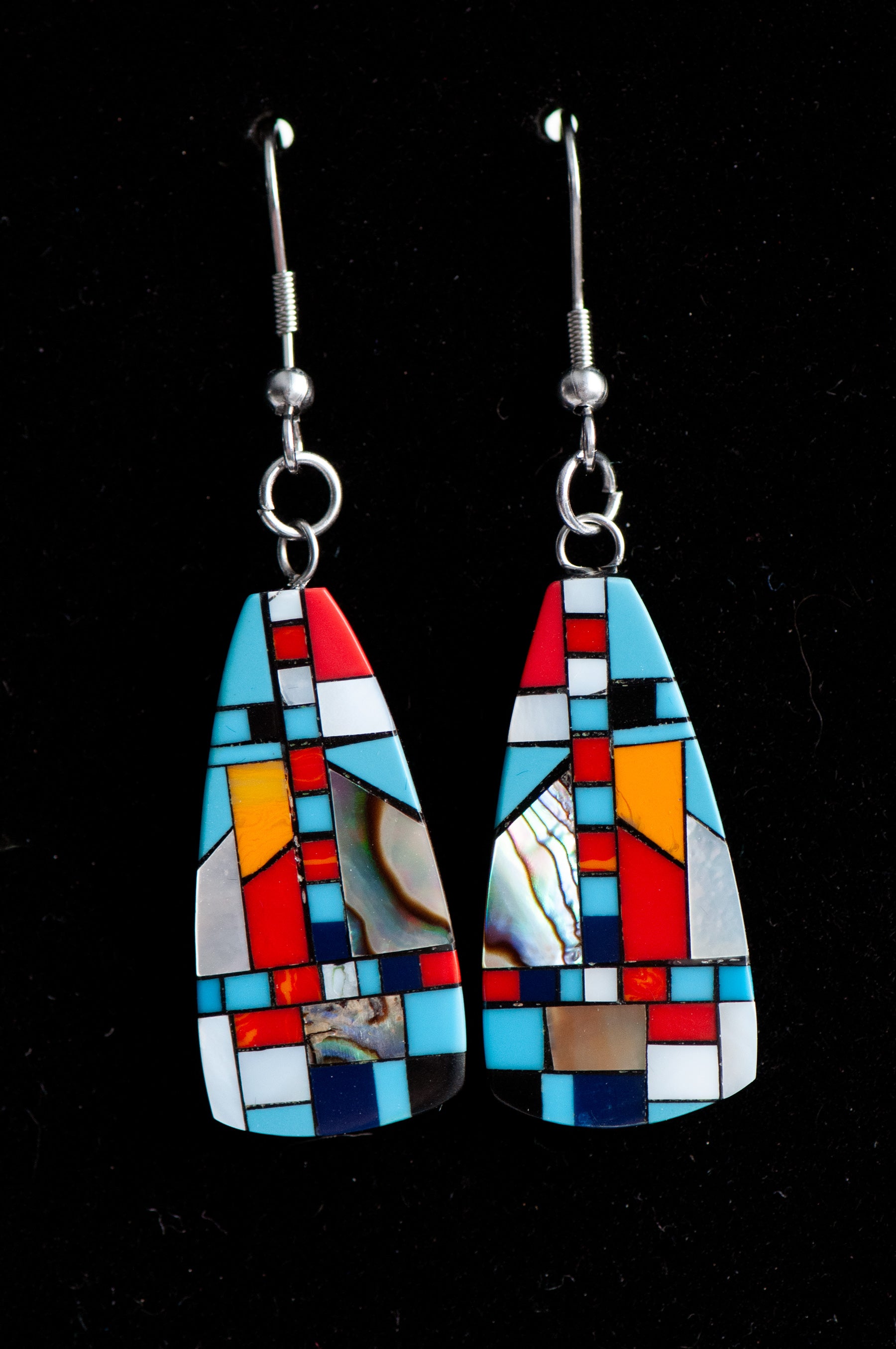 Turquoise & Shell Mosaic Drop Earrings featuring turquoise, coral, Mother of Pearl, and shimmering abalone in a black resin oblong design