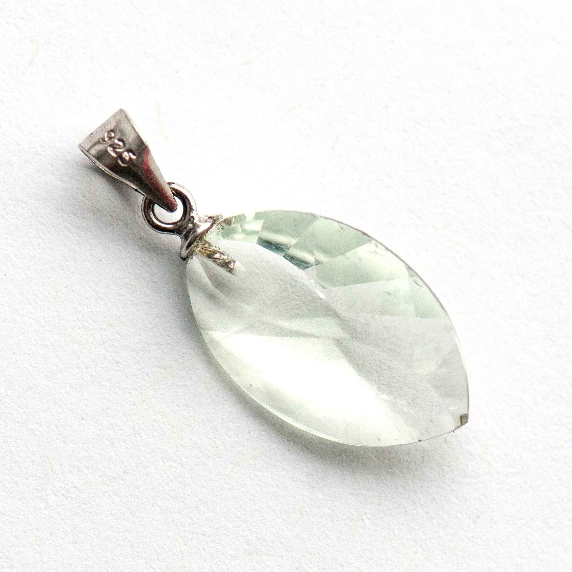Prasiolite Leaf Lynx pendant featuring an 11x18mm leaf-faceted Green Amethyst with sterling silver bail.