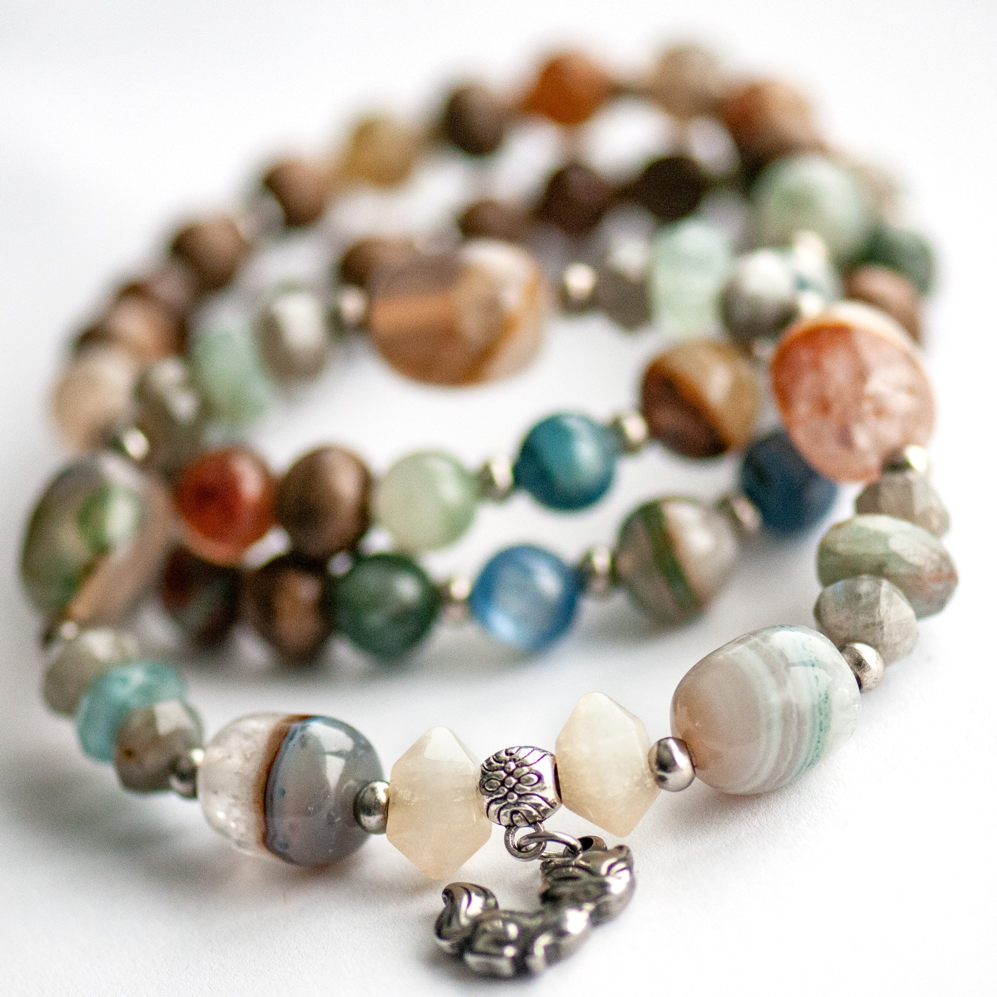 Fox-inspired gemstone bracelet set with mystical and Japanese folklore elements
