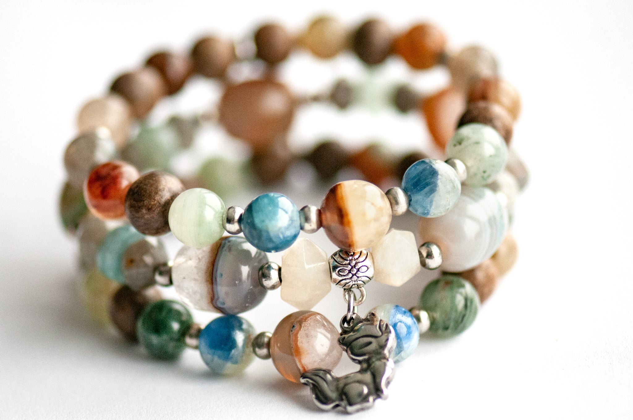 Fox-inspired gemstone bracelet set with mystical and Japanese folklore elements
