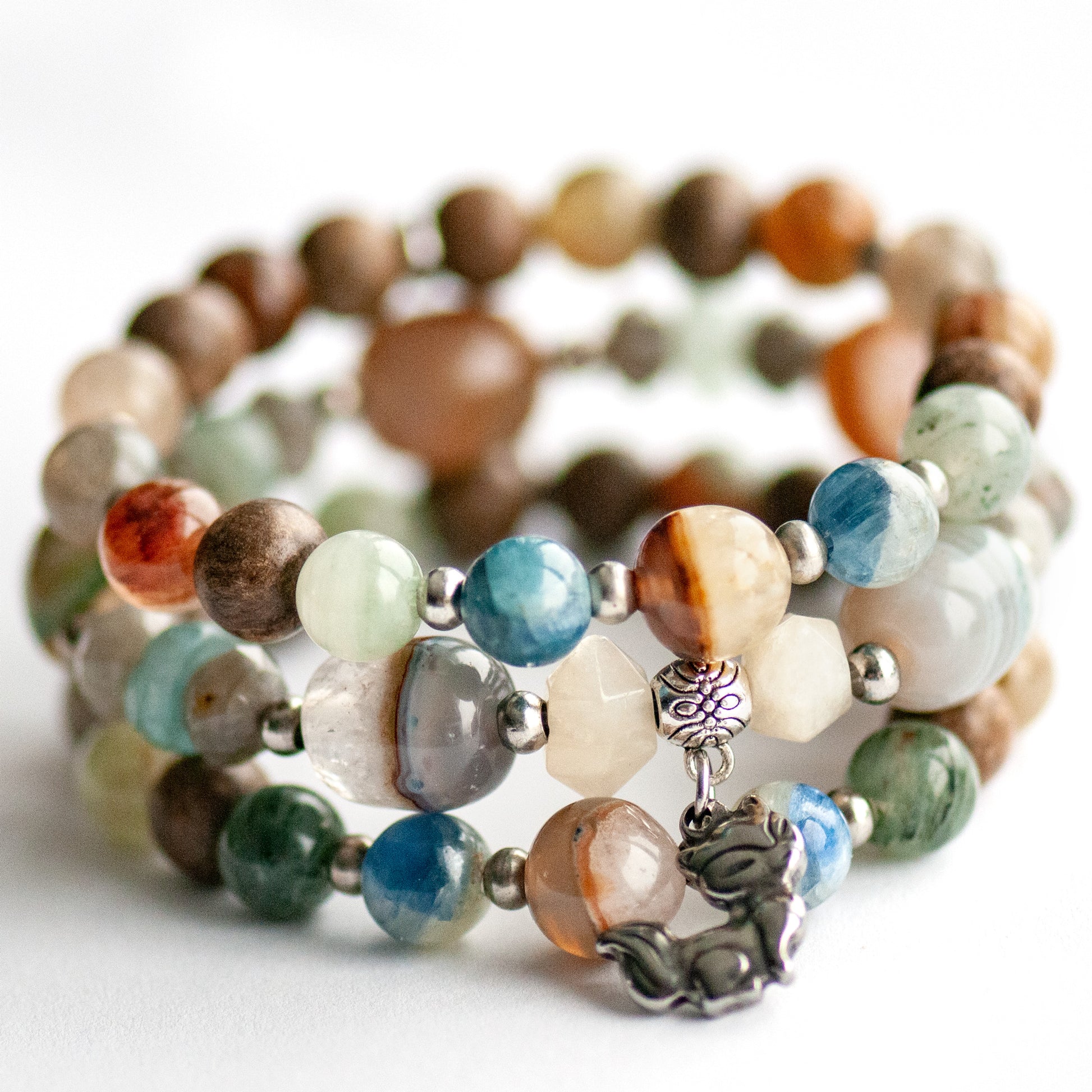 Kitsune - Phantom Agate & Kyanite Bracelet Set with stainless steel fox charm and Moonstone points
