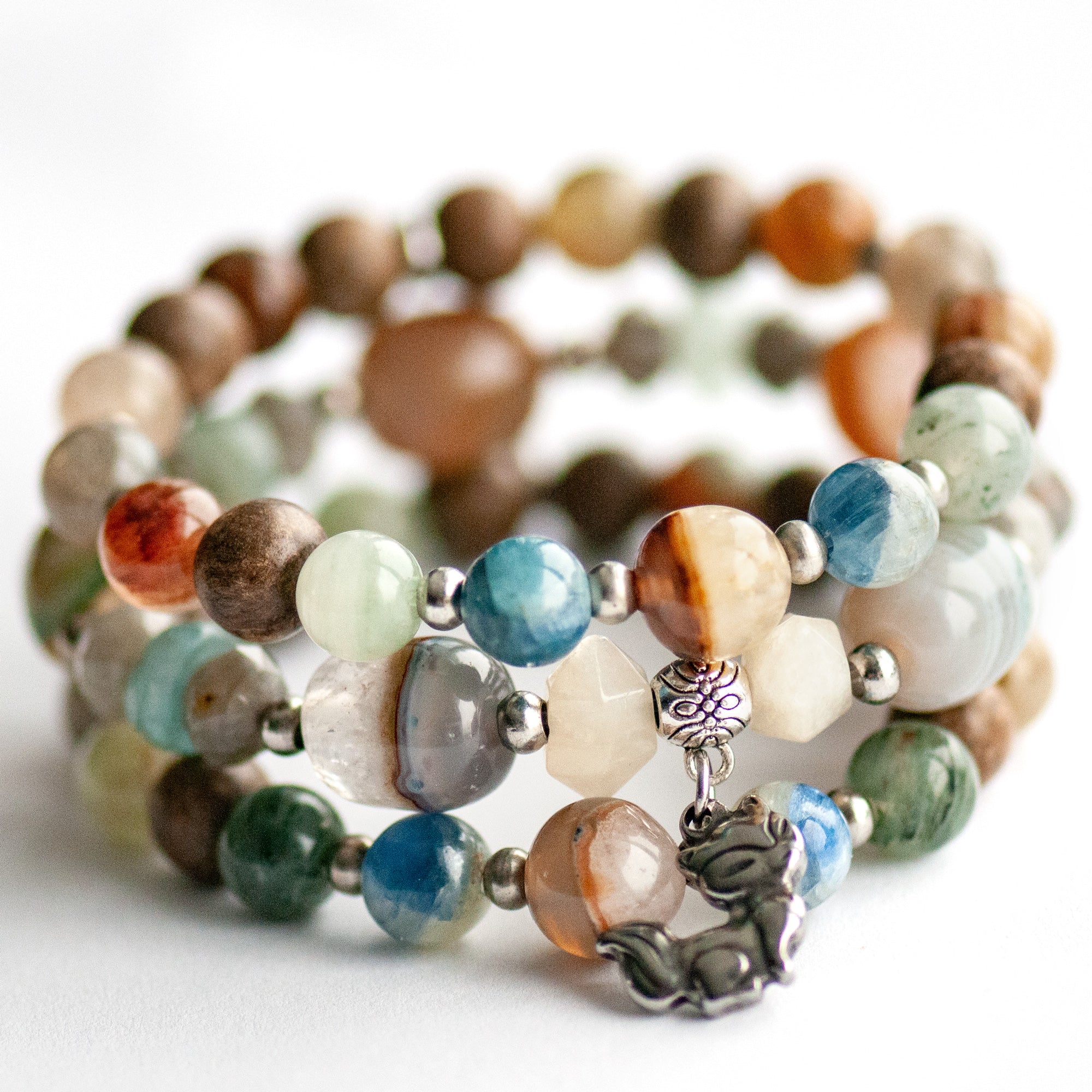 Kitsune - Phantom Agate & Kyanite Bracelet Set with stainless steel fox charm and Moonstone points
