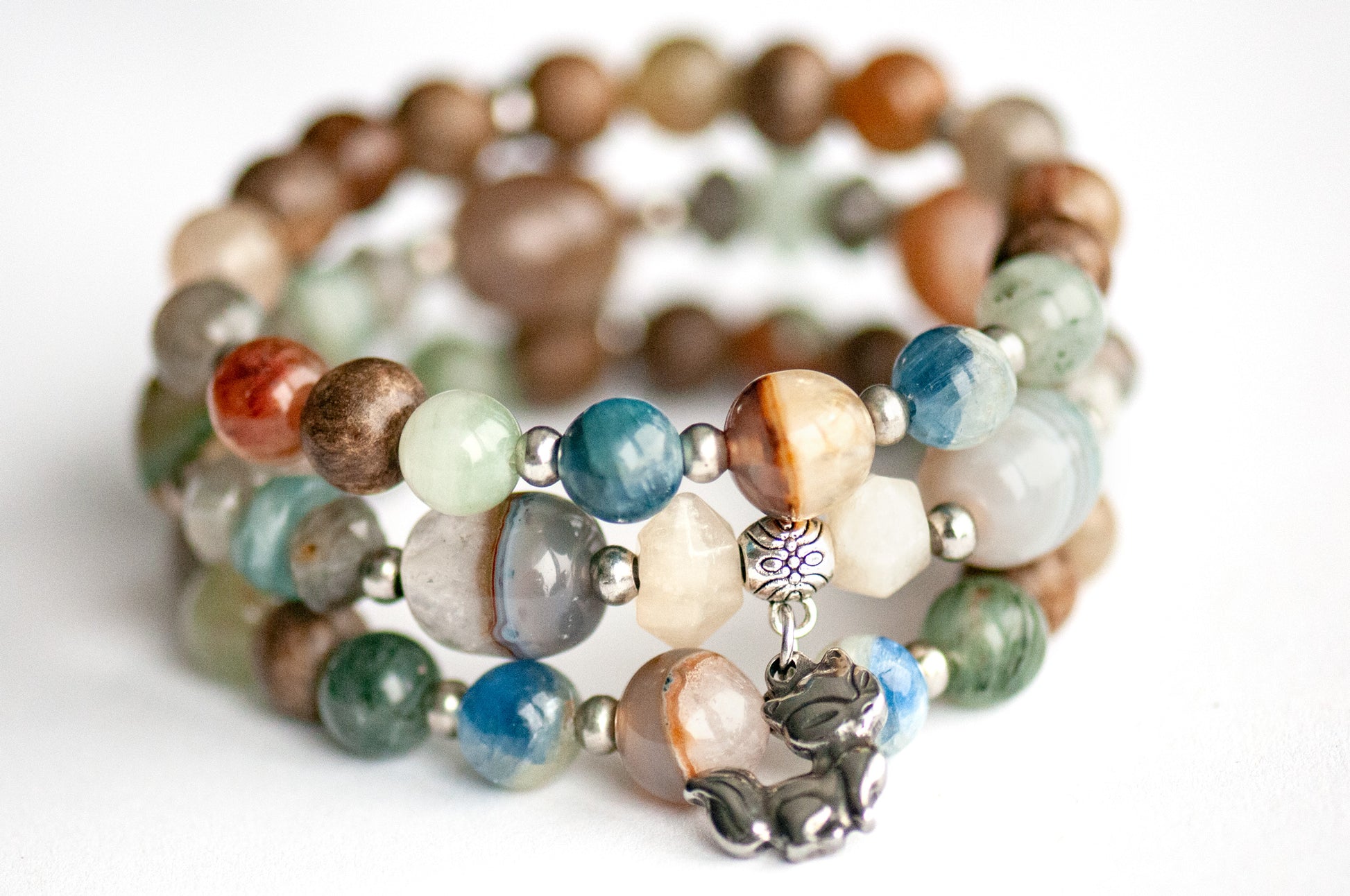 Kitsune - Phantom Agate & Kyanite Bracelet Set with stainless steel fox charm and Moonstone points
