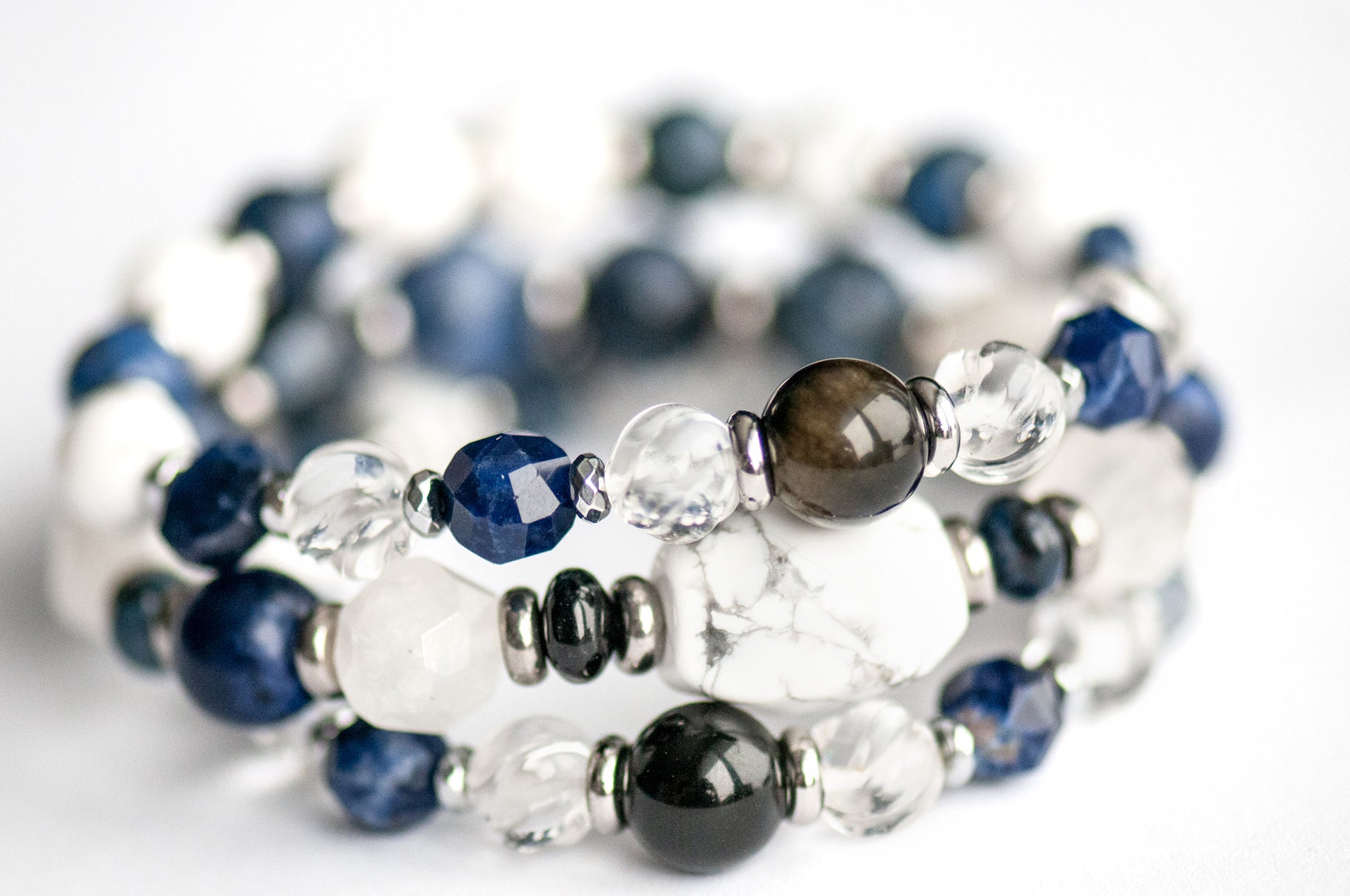 Handcrafted gemstone bracelet set featuring Sodalite, Howlite, and Blue Moonstone