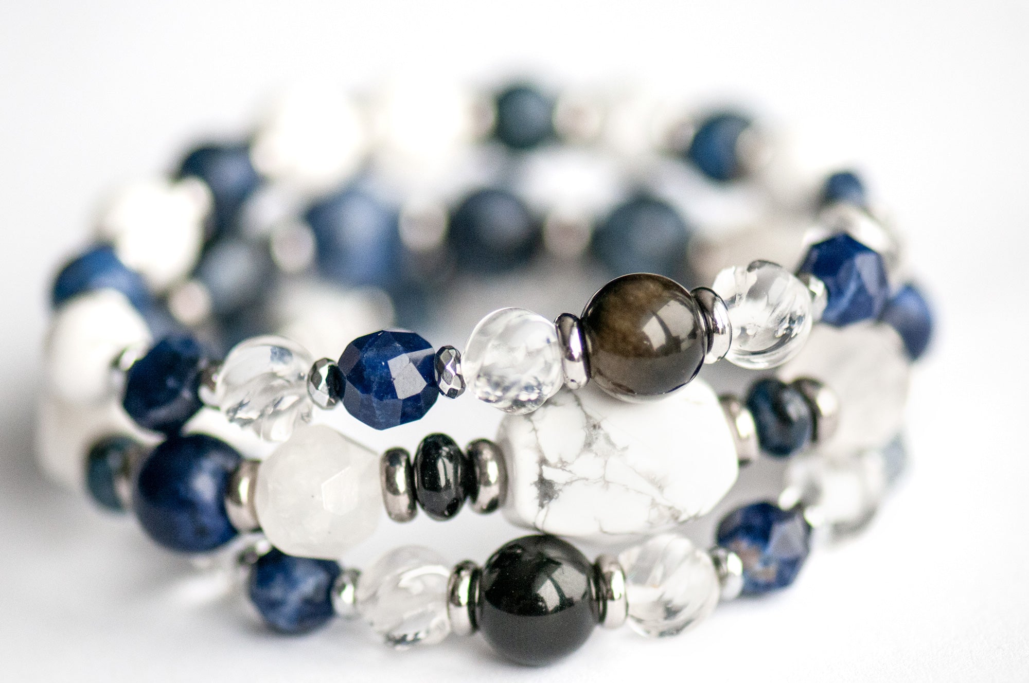 Handcrafted gemstone bracelet set featuring Sodalite, Howlite, and Blue Moonstone