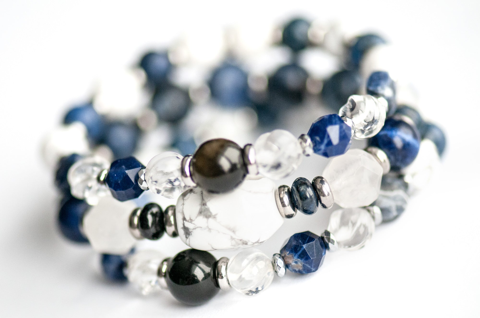 Neoclassical-inspired bracelet set with Dumortierite, Crystal Quartz, and Golden Sheen Obsidian
