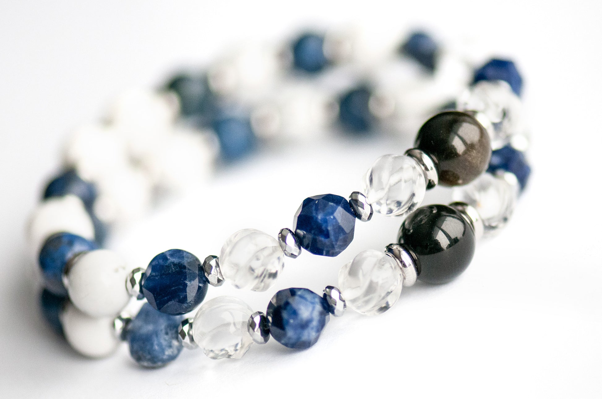 Fierce Lynx Designs Neoclassical Lynx bracelet set in blue, white, and silver tones

